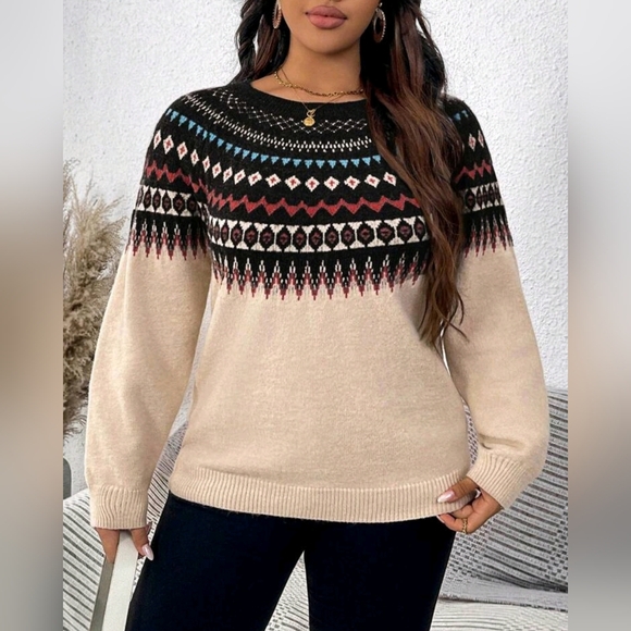 New Fair Isle Knit Sweater Top Pullover PLUS Cream Black Blue - Picture 2 of 8